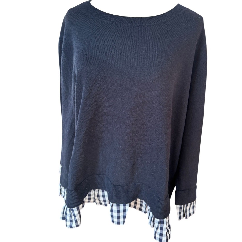 Draper James Navy Gingham Hem Wool Cotton Blend Sweater Plus Size 3X NEW